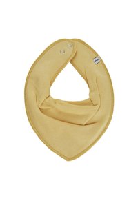 Gul bomullsbebis bandanascarf med tryckknappar och liten vit varumärkesetikett på kanten, vikt för visning.