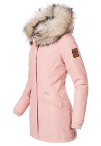 Pink long jacket with a fur-trimmed hood, featuring side pockets, ribbed cuffs, and a logo patch on the arm. Smooth fabric texture.