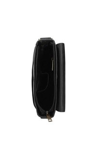 Borsa nera in ecopelle con chiusura a zip, una tasca interna e una superficie liscia. Si apre per rivelare un compartimento foderato.