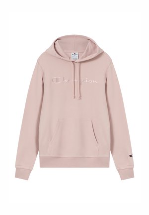 Sweat à capuche rose clair avec poche avant, cordons de serrage et logo "Champion" brodé. Fabriqué en mélange de coton doux.