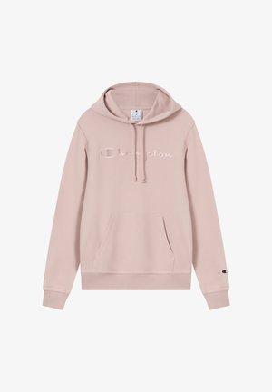 Sweat à capuche rose clair avec poche avant, cordons de serrage et logo "Champion" brodé. Fabriqué en mélange de coton doux.