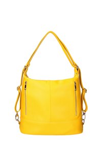Geel leren handtas met een gestructureerde afwerking, voorzien van twee ritsvakjes, een enkele schouderband en een brede opening.