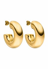 Goldfarbene Creolen mit einer glatten, polierten Oberfläche und einer geschwungenen, abstrakten Form. Gesichert mit einem Steckverschluss und einem Klappverschluss.