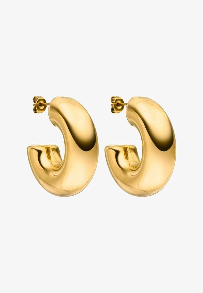 Goldfarbene Creolen mit einer glatten, polierten Oberfläche und einer geschwungenen, abstrakten Form. Gesichert mit einem Steckverschluss und einem Klappverschluss.