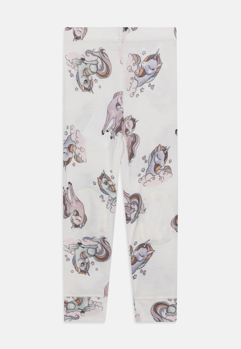 Legingi, kas izgatavoti no mīkstas kokvilnas, ar krāsainu vienradža drukājumu, kurā ir pastelu toņi un mākoņu raksti visā audumā.