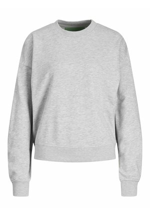 Gray sweatshirt with a crew neckline, ribbed cuffs and hem, and a soft texture. It features a relaxed fit and distinctive stitching details.