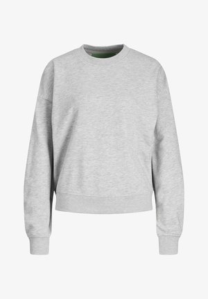 Gray sweatshirt with a crew neckline, ribbed cuffs and hem, and a soft texture. It features a relaxed fit and distinctive stitching details.