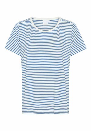T-shirt rayé en blanc et bleu, avec des manches courtes, un col rond et un matériau en coton léger et doux.