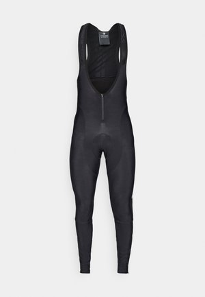 Zwarte fietsbibshorts met een ritssluiting aan de voorkant, een gevoerde zitting en een mouwloos ontwerp; gemaakt van een gladde, elastische stof.