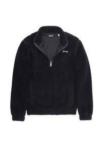 Pullover in pile nero con collo a mezza zip, superficie strutturata, due tasche laterali e logo discreto sul petto. Design caldo e casual.