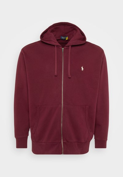 Sweatshirt marrom com fecho éclair, bolsos frontais, cordões na capuz e pequeno logótipo branco da Polo Ralph Lauren no peito.