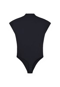 Body nero realizzato in materiale liscio ed elasticizzato. Presenta un collo alto, maniche a sbuffo e una schiena bassa con chiusura a scatto nella parte inferiore.