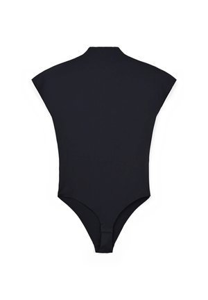 Body nero realizzato in materiale liscio ed elasticizzato. Presenta un collo alto, maniche a sbuffo e una schiena bassa con chiusura a scatto nella parte inferiore.