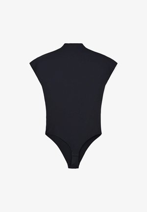 Bodysuit noir fabriqué en matériau lisse et extensible. Il présente un col haut, des manches courtes, et un dos décolleté avec une fermeture à pression en bas.