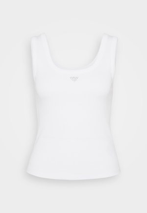 White fitted tank top with a square neckline and thick straps. Features ribbed texture and a small triangle logo at the center front.