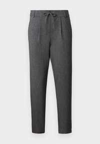 Pantalones grises con textura, cintura con cordón, piernas ajustadas y frente con pliegues. Hechos de un tejido adecuado para ocasiones casuales o formales.