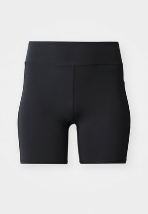 Sorte atletikshorte med høj talje, tætsiddende, med flade sømme og blødt, elastisk stof vist mod en hvid baggrund.