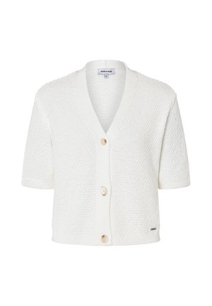 Cardigan blanc texturé à manches courtes avec trois boutons beiges et col en V, étiqueté "More & More", présenté sur un fond blanc.
