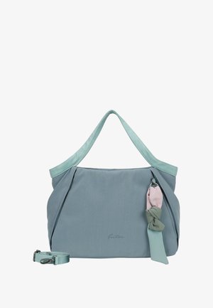 Borsa in tessuto grigia con accenti azzurri, forma curva, doppi spallacci e un dettaglio decorativo a nodo in rosa e verde. Include una tracolla regolabile.