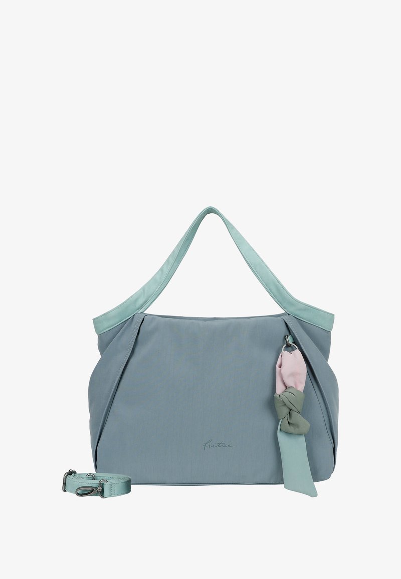 Borsa in tessuto grigia con accenti azzurri, forma curva, doppi spallacci e un dettaglio decorativo a nodo in rosa e verde. Include una tracolla regolabile.