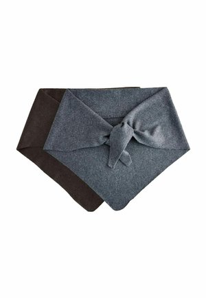 Zweifarbiger Fleece-Schal mit einer dunklen braunen Seite und einer hellgrauen Seite, ausgestattet mit einem Knoten-Detail an der Vorderseite und dreieckigen Enden.