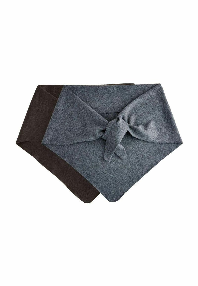 Tofarvet fleece halsedisse med en mørkebrun side og en lys grå side, med en knude detalje foran og trekantede ender.