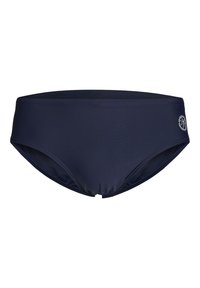 Bas de bikini bleu marine avec un tissu lisse et extensible, design taille mi-haute, et un petit logo sur le côté. Pas de motifs visibles.