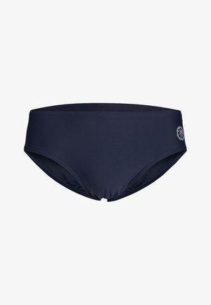 Marineblauwe bikini onderkant van een gladde, rekbare stof, met een middelhoge taille en een klein logo-accent aan de zijkant. Geen zichtbare patronen.