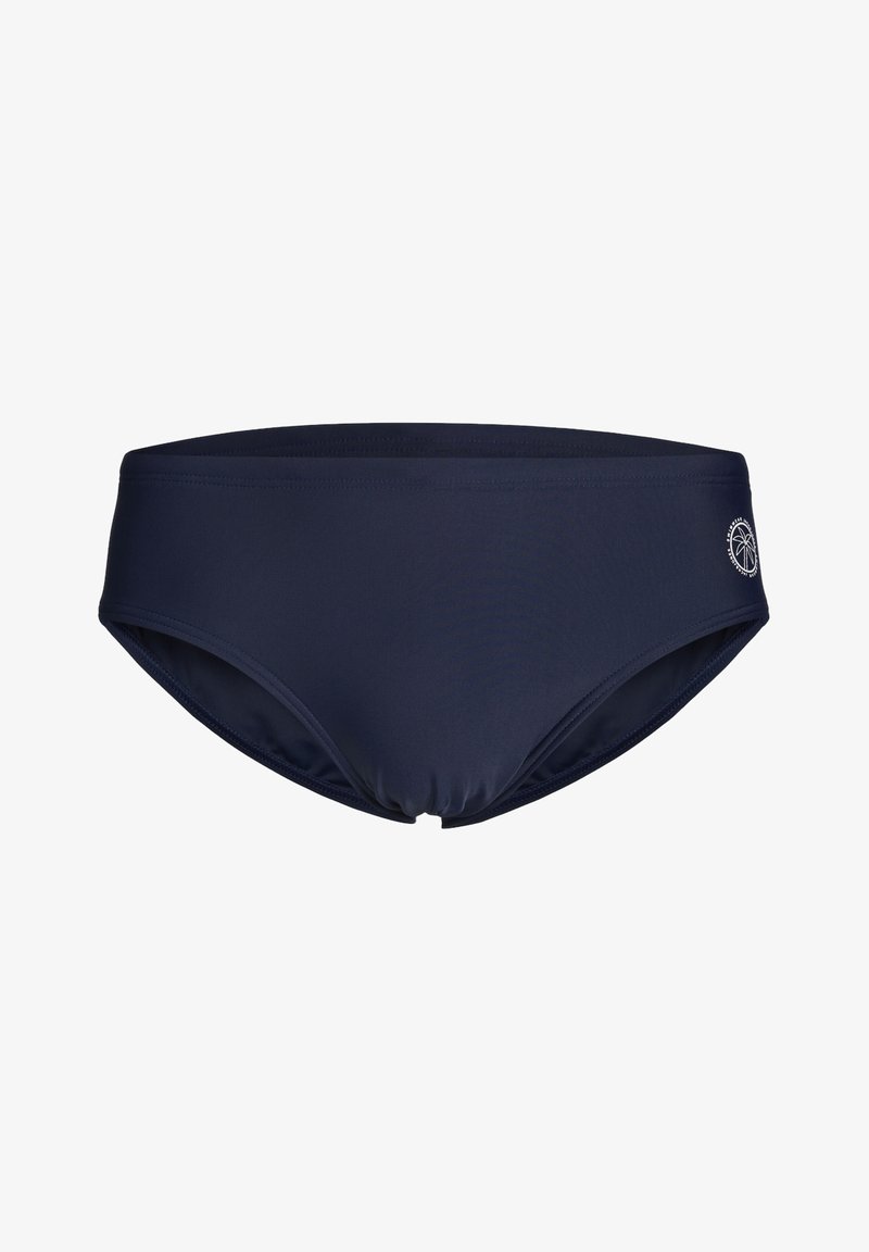 Bas de bikini bleu marine avec un tissu lisse et extensible, design taille mi-haute, et un petit logo sur le côté. Pas de motifs visibles.