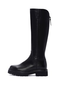 Black leather knee-high boot with a smooth texture, robust rubber sole, side zipper closure, and minimalist design.