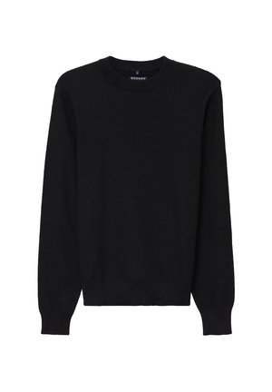 Pull en maille noir à manches longues, col rond, avec des poignets et un ourlet côtelés, présenté sur un fond blanc.
