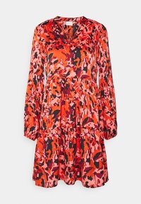 Red and pink patterned dress with long sleeves, V-neckline, and tiered skirt design, made of soft fabric.