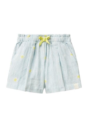 Shorts rayés bleu clair avec des broderies d'étoiles jaunes. Dotés d'une taille élastique avec un cordon de serrage jaune et de poches latérales.