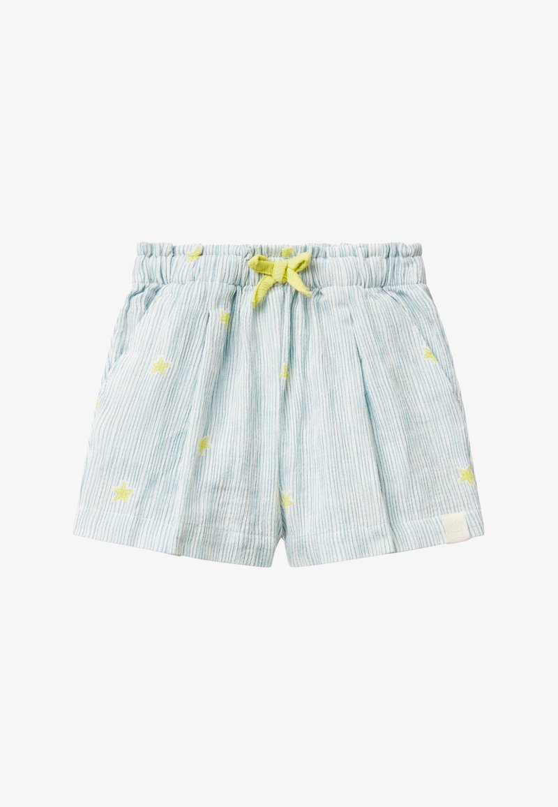 Shorts rayés bleu clair avec des broderies d'étoiles jaunes. Dotés d'une taille élastique avec un cordon de serrage jaune et de poches latérales.