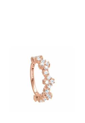 Rose gold ring with a row of small round clear gemstones set along the band in a scalloped pattern.
