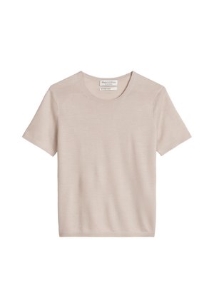 Beige short-sleeve crew neck shirt made from fine knit fabric, displayed flat with a visible brand label inside the neckline.