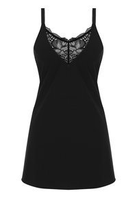 Camiseta sin mangas negra con encaje en los bordes y un diseño de escote en V. Fabricada con un material suave, cuenta con tirantes ajustables y una silueta fluida.