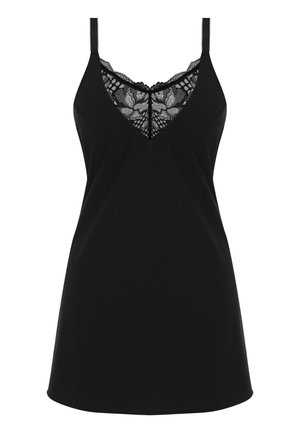 Mustapitsinen toppi, jossa on pitsireunus ja V-kaula-aukko. Valmistettu pehmeästä kankaasta, säädettävillä olkaimilla ja virtaavalla siluetilla.