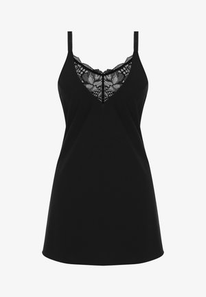 Mustapitsinen toppi, jossa on pitsireunus ja V-kaula-aukko. Valmistettu pehmeästä kankaasta, säädettävillä olkaimilla ja virtaavalla siluetilla.