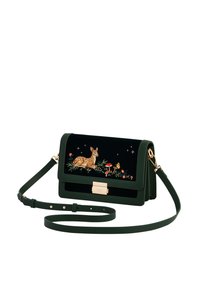 Grön handväska i läder och sammet, med broderade hjort- och blommönster; guldiga detaljer och en justerbar rem.