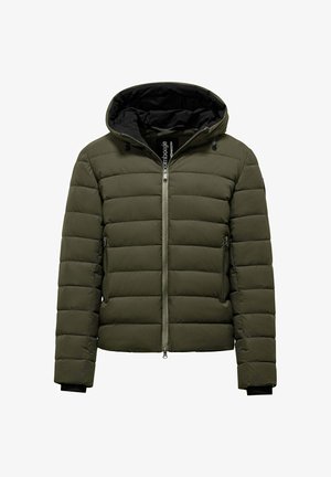 Olivgrüne Pufferjacke mit abnehmbarer schwarzer Kapuze, Frontreißverschluss und zwei Seitentaschen. Gepolsterte Textur mit elastischen Bündchen.