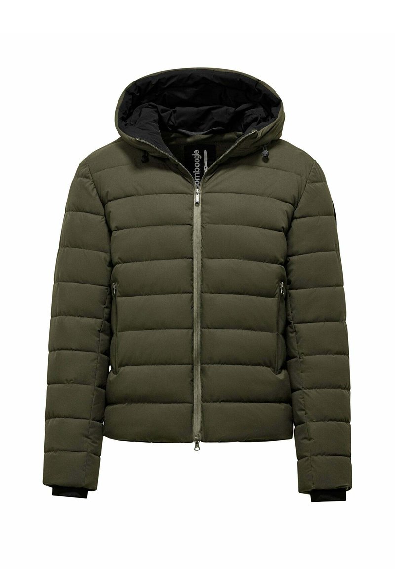 Giacca puffer verde oliva con cappuccio nero rimovibile, zip frontale e due tasche laterali. Tessuto trapuntato con polsini elasticizzati.
