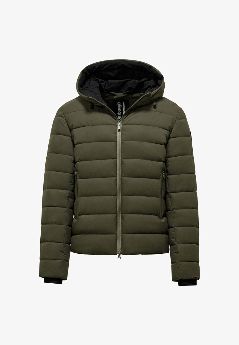 Olivgrüne Pufferjacke mit abnehmbarer schwarzer Kapuze, Frontreißverschluss und zwei Seitentaschen. Gepolsterte Textur mit elastischen Bündchen.
