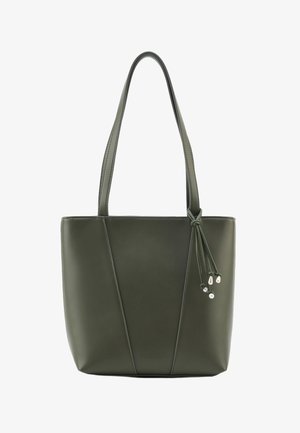 Sac fourre-tout en cuir vert olive avec deux anses, panneaux texturés et accents décoratifs en ficelle avec perles. Fini lisse, forme rectangulaire.