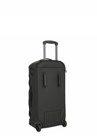 Valise roulante noire de forme rectangulaire, dotée de deux poignées latérales, d'une poignée télescopique et de roues lisses pour une manœuvrabilité aisée.