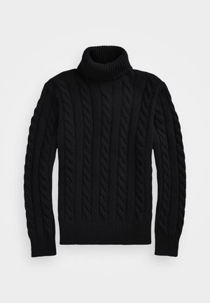 Melna turtlenecks džemperis ar adījuma rakstu, ribinātu apkakli un piedurkņu galiem, kā arī teksturētu apdari. Izstrādāts, lai veidotu pieguļošu siluetu.