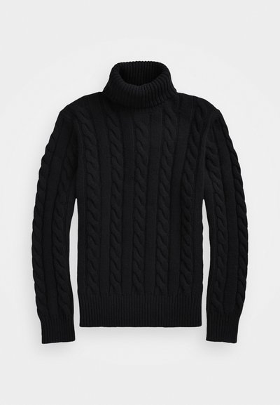 Maglione a collo alto nero con motivo a trecce, collo e polsini a coste e finitura testurizzata. Progettato per una silhouette aderente.