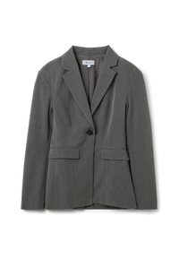 Grijze op maat gemaakte blazer met een geknipte revers, sluiting met één knop, twee voorkotas en een gladde voering. Gemaakt van een gestructureerde stof.