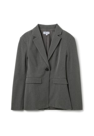 Gray tailored blazer with a notched lapel, single button closure, two front pockets, and a smooth lining. Made from a structured fabric.