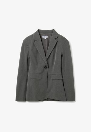 Gray tailored blazer with a notched lapel, single button closure, two front pockets, and a smooth lining. Made from a structured fabric.